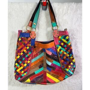 American Leather Shoulder Bag Multi-Color Patchwork Woven Hobo Leather excellent